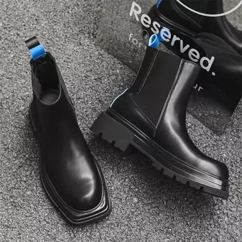 Модные мужские повседневные высокие ботинки челси в английском стиле с квадратным носком на платформе, ковбойские ботинки из натуральной кожи, красивые длинные ботинки для мотоциклистов 240 чёрный
