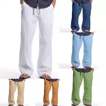 Модные мужские прямые брюки из хлопка и льна, свободные повседневные брюки с завязками на шнурке, дышащие повседневные брюки S белый