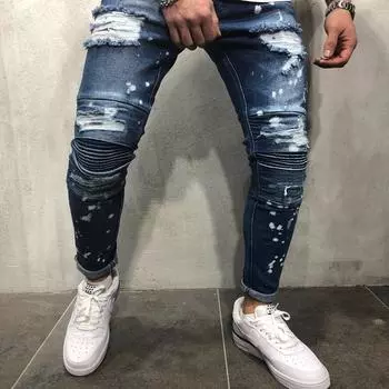 Модные мужские прямые джинсовые брюки с дырками, тонкие повседневные джинсы в стиле хип-хоп 38 синий