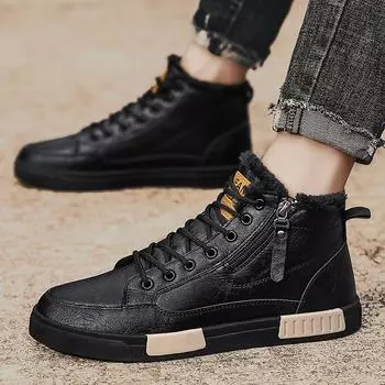 Модные мужские рабочие туфли в стиле ретро с высоким верхом на осень-зиму с толстой подошвой и высоким верхом из хлопка, повседневные ботинки из кожи, теплые плюшевые ботинки «Челси» 6.5