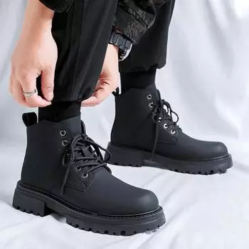 Модные мужские ретро-ботинки для работы, осень-зима, толстые высокие нескользящие теплые повседневные ботинки, кожаные ботинки на шнуровке с большим носком 38 чёрный