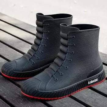 Модные мужские резиновые сапоги, резиновые резиновые сапоги, водонепроницаемые рабочие ботинки до середины икры, удобная красная нескользящая обувь для рыбалки для мужчин 45 чёрный