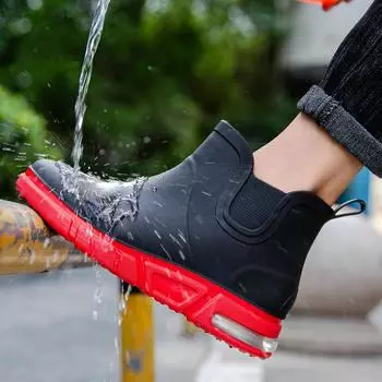 Модные мужские резиновые сапоги, водонепроницаемые резиновые сапоги, ботильоны для рыбалки, мойки автомобиля, водонепроницаемые, ПВХ, мужские, зимние, модные, для улицы, плоские, нескользящие, удобные 39 чёрный