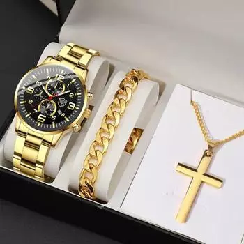 Модные мужские роскошные часы для деловых людей, круглые наручные часы из нержавеющей стали с браслетом и ожерельем, набор мужских часов с датой серебряный