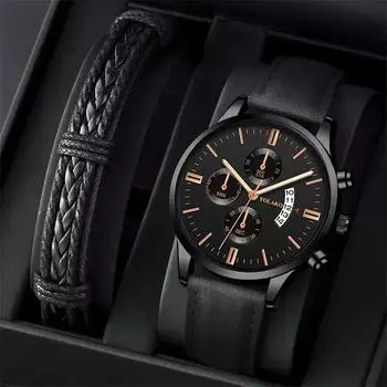 Модные мужские роскошные часы мужские аналоговые часы с ремешком из искусственной кожи мужские деловые кварцевые наручные часы браслет набор мужские часы чёрный