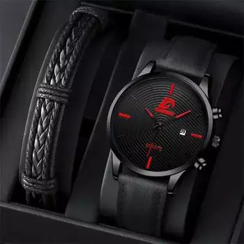 Модные мужские роскошные часы мужские аналоговые наручные часы из искусственной кожи мужские деловые кварцевые часы браслет набор дата часы синий/чёрный