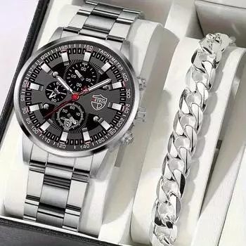 Модные мужские роскошные часы, мужские наручные часы с ремешком из нержавеющей стали, кварцевые часы для деловых людей, мужские часы с датой, набор браслетов золотистый/чёрный