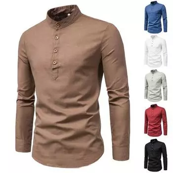 Модные мужские рубашки M-5XL Повседневная льняная рубашка Рубашка с длинным рукавом Slim Fit Рубашка с воротником-стойкой M белый