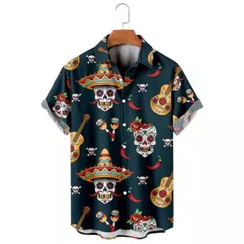 Модные мужские рубашки с цветочным принтом в виде черепа, забавный 3D-принт черепа, уличная одежда, футболки с коротким рукавом, гавайские рубашки с принтом на лацканах для мужчин S