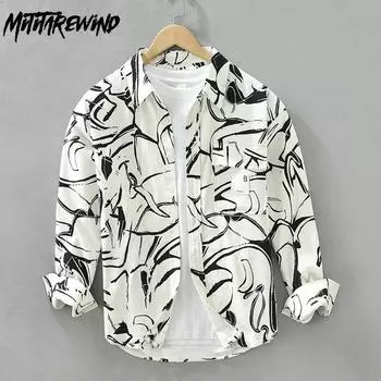 Модные мужские рубашки с принтом, весенняя уличная одежда, повседневная свободная рубашка в японском стиле с длинным рукавом, молодежная рубашка-пузырь M абрикосовый