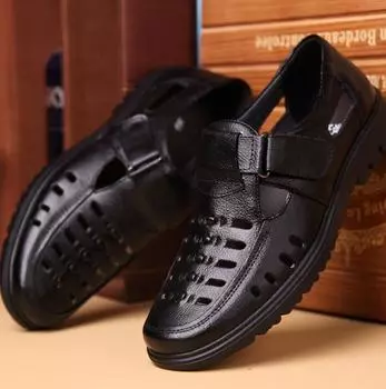 Модные мужские сандалии 2024 года, летние туфли из натуральной кожи, качественные мужские деловые повседневные туфли, мужские брендовые дышащие сандалии Hombre 5.5 чёрный