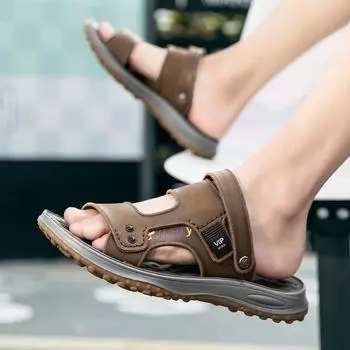 Модные мужские сандалии для отдыха на природе, удобные тапочки, летние мужские сандалии, дизайнерская мужская обувь, оригинальная брендовая обувь, мужские кожаные сандалии 6.5 хаки