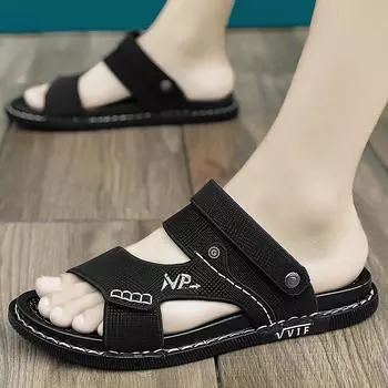 Модные мужские сандалии из искусственной кожи 2024 года, модные мужские летние новые ретро-кожаные нескользящие пляжные сандалии без застежек, дорожные тапочки черного цвета 38 синий