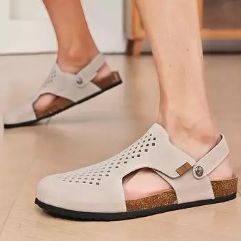 Модные мужские сандалии из кожи для спорта, отдыха на открытом воздухе, пляжа, лето, закрытый носок, матовая толстая подошва, модные повседневные трендовые сандалии для внешнего ношения 6.5 бежевый