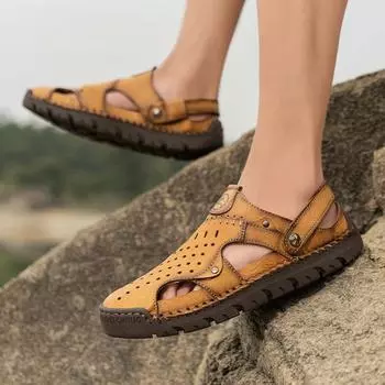 Модные мужские сандалии из натуральной кожи, уличные тапочки, мужская летняя обувь, удобные пляжные сандалии, мужские уличные кроссовки большого размера 48 6.5 чёрный