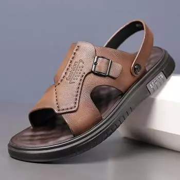 Модные мужские сандалии из натуральной кожи на плоской подошве для отдыха на открытом воздухе, дышащие, повседневные, обычные, повседневные, противоскользящие, дизайнерские реплики, летние сандалии 38 чёрный