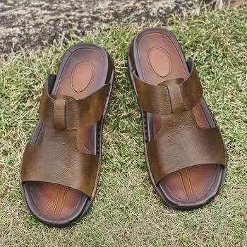 Модные мужские сандалии из натуральной кожи на плоской подошве, однотонные, с открытым носком, дышащие, нескользящие, пляжные сандалии, большой размер 37-46 37 коричневый