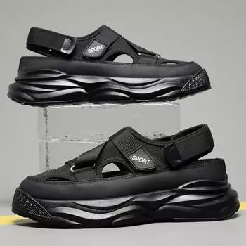 Модные мужские сандалии летние полые мужские повседневные туфли нескользящие кроссовки на платформе сетчатые универсальные дышащие кроссовки для бега 44 чёрный