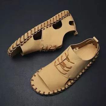 Модные мужские сандалии с открытым носком, дышащая летняя мужская повседневная обувь, пляжная обувь, сандалии для кемпинга с повязкой на голову ручной работы 38 бежевый