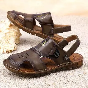 Модные мужские сандалии с закрытым носком из натуральной дышащей кожи, повседневные мокасины, летние уличные пляжные сандалии, формальные офисные прогулочные туфли на плоской подошве 38 хаки