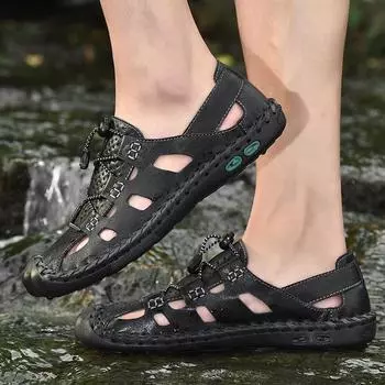 Модные мужские сандалии, сандалии из натуральной кожи, летняя повседневная обувь, мужские римские пляжные сандалии De Hombre De Cuero, большой размер 48 6.5 чёрный