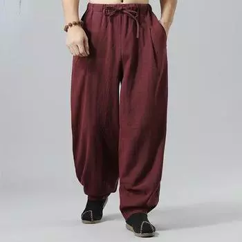 Модные мужские шаровары в стиле Харадзюку, мужские летние хлопковые льняные брюки для бега, мужские винтажные спортивные штаны, модные M чёрный