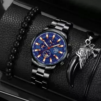 Модные мужские спортивные часы из нержавеющей стали наручные часы мужские повседневные кварцевые часы браслет ожерелье набор дата часы золотистый/чёрный
