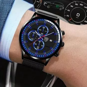 Модные мужские спортивные часы, мужские кварцевые наручные часы из нержавеющей стали с сетчатым ремешком для мужчин, деловые часы со светящимися часами
