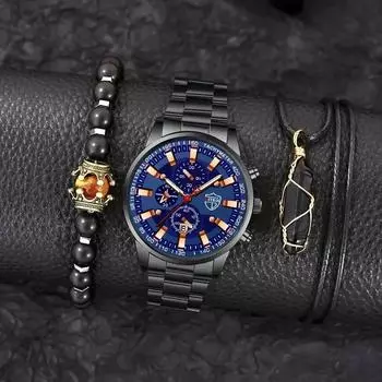 Модные мужские спортивные часы, мужские наручные часы с календарем из нержавеющей стали, повседневные мужские кварцевые часы, браслет, ожерелье, набор часов с датой золотистый/чёрный