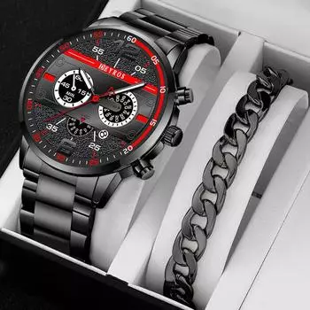 Модные мужские спортивные часы, мужские наручные часы с ремешком из нержавеющей стали, мужские кварцевые часы, набор браслетов, мужские часы с датой ярко-розовый