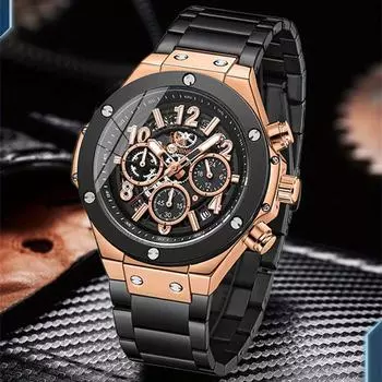 Модные мужские спортивные часы с календарем, хронографом, 24 часа, водонепроницаемые кварцевые часы, мужские деловые роскошные наручные часы из нержавеющей стали
