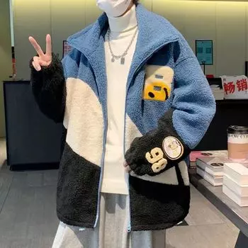 Модные мужские спортивные куртки из флиса с вышитым дизайном, свободного кроя, с воротником-стойкой, свободного кроя, контрастного цвета M серый