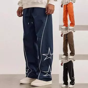 Модные мужские свободные прямые брюки 2025 года, весна-лето, уличная мода, брюки на шнурке, мужские брюки с вышивкой в стиле хип-хоп со звездами S чёрный
