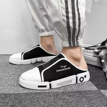 Модные мужские тапочки Baotou shoes Half Trailer canvas 2024 Летние новые туфли для доски Маленькие белые туфли Тапочки с одной педалью 39 белый