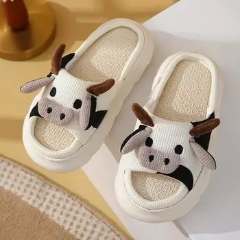 Модные мужские тапочки Four Seasons Universal Indoor Home Cotton Hemp Cool Slippers Cute Cartoon Little Cow Linen Slippers Anti-Slips Couple 36-37