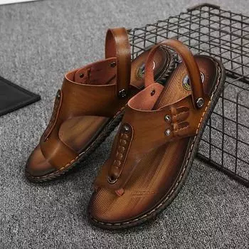 Модные мужские тапочки из натуральной кожи, пляжная обувь, мужские шлепанцы, летние мужские шлепанцы 2025 года на плоской подошве, роскошные, большого размера 269 6.5 синий