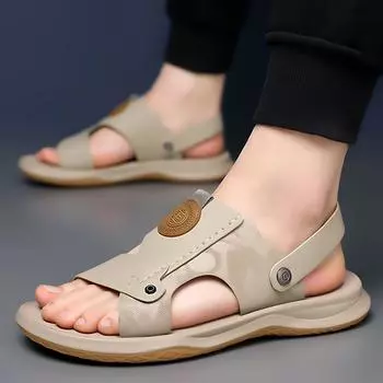 Модные мужские тапочки, летние сандалии, мужские кожаные сандалии для взрослых, на толстой подошве, нескользящие сандалии с открытым носком, мужская обувь 6.5 чёрный