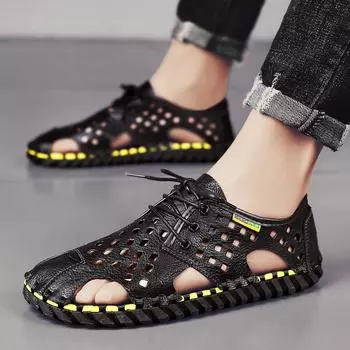 Модные мужские тапочки ручной работы, летние новые сандалии, мужские кожаные сандалии, пляжная обувь для взрослых на толстой подошве, нескользящие сандалии с открытым носком 38 чёрный