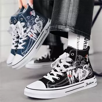 Модные мужские трендовые парусиновые туфли с высоким берцем. Мужская повседневная крутая обувь в уличном стиле. Кроссовки для подростков. 39 чёрный