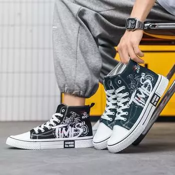 Модные мужские трендовые высокие парусиновые дышащие туфли для скейтбординга для студентов, мальчиков и мужчин, популярные повседневные кроссовки для бега на мягкой подошве для подростков 39 чёрный