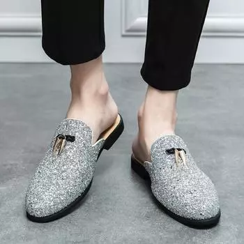 Модные мужские туфли без застежек 2024 года, легкая мужская повседневная обувь, блестящая роскошная обувь для отдыха на открытом воздухе для мужчин 2024 года, новые брендовые полутапочки 38 чёрный