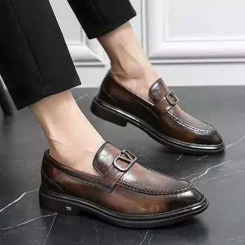 Модные мужские туфли без застежек, деловые, офисные, из крокодиловой кожи, уличные, мужские, с пряжкой, повседневные, свадебные, вечерние, мужские туфли на плоской подошве 6.5 чёрный