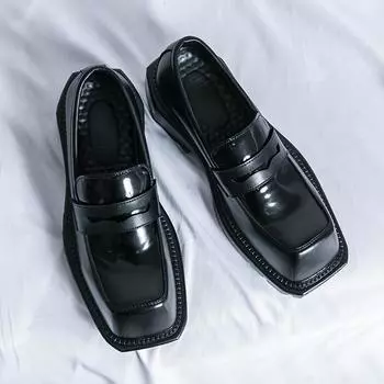 Модные мужские туфли дерби в стиле ретро с квадратным носком, толстая подошва, без застежек, лакированная кожа, оригинальный дизайн, кожаные туфли, стилист, мужская обувь 38 чёрный