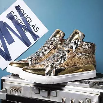 Модные мужские туфли для скейтборда с золотым блеском, модные кроссовки на шнуровке и платформе с высоким верхом, мужские нескользящие туфли для скейтборда 39