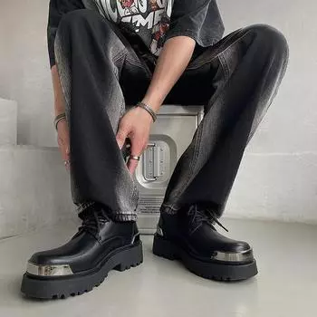 Модные мужские туфли Harajuku Korean Man Leather Couple Shoes Streetwear Модные повседневные туфли на толстой платформе из металла и кожи для свадьбы для мужчин Loafers Shoes 35 чёрный
