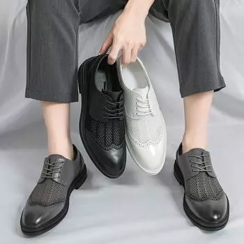 Модные мужские туфли из кожи дерби, летние дышащие сетчатые белые туфли-броги на шнуровке, однотонные туфли для деловых вечеринок и свадеб, мужские туфли 38 чёрный