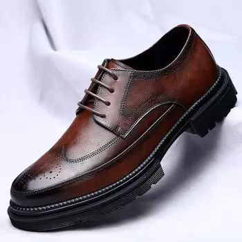 Модные мужские туфли из натуральной кожи высокого качества, блочные, деловые, кожаные, модные, с гравировкой, мужские, на шнуровке, удобные, для свадьбы, банкета 38 коричневый