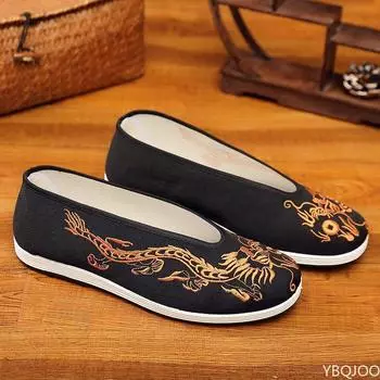 Модные мужские туфли из ткани Old Beijing с мягкой подошвой, китайская вышивка, мужская обувь в китайском стиле, желтые, черные, с круглым ртом, с драконом 35