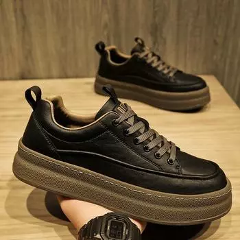 Модные мужские туфли из толстой кожи на каждый день, удобные кроссовки для улицы, вулканизированная обувь, модные роскошные кожаные мокасины, теннисные кроссовки на плоской подошве 39 чёрный