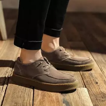 Модные мужские туфли из замши в стиле ретро с толстой подошвой из кожи, повседневные туфли с низким верхом и круглым носком, на шнуровке, ручной работы, универсальные мужские туфли из воловьей кожи на плоской подошве 38 хаки